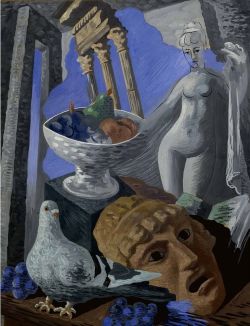 Severini 250 Natura morta con ruderi piccione e statua tempera su cartoncino cm 65x50 250