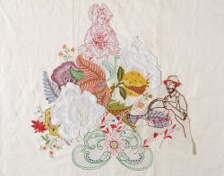 Galante Annaffiare il giardino dell inquilina di sotto 2024. Ricamo su tessuto 78x64 cm 250